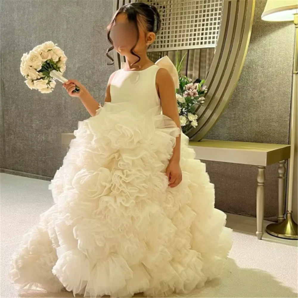 

White Flower Girl Dresses Tulle Puffy Appliques With Flowers Sleeveless For Wedding Birthday Party First Communion Gowns