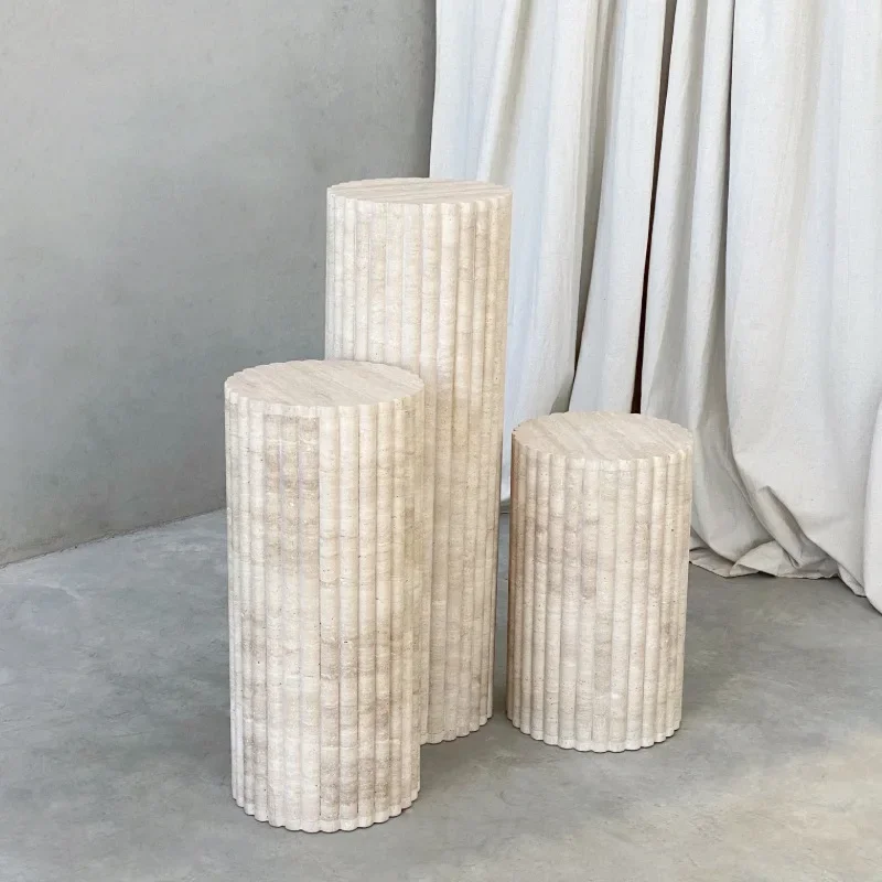 OEM Natural Beige Travertine Stone Roman Column Stripe Plinth Cake Stand Display Living Room Home Furniture Cube Coffee Table