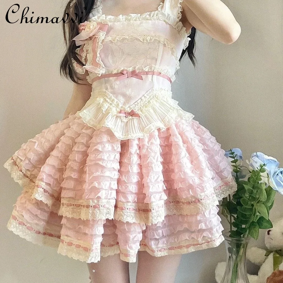 

Lolita Ballet Style Sweet Girl Above Knee Dress New 2024 Summer Cute Princess Kawaii Temperament Cute Cake Dress for Women