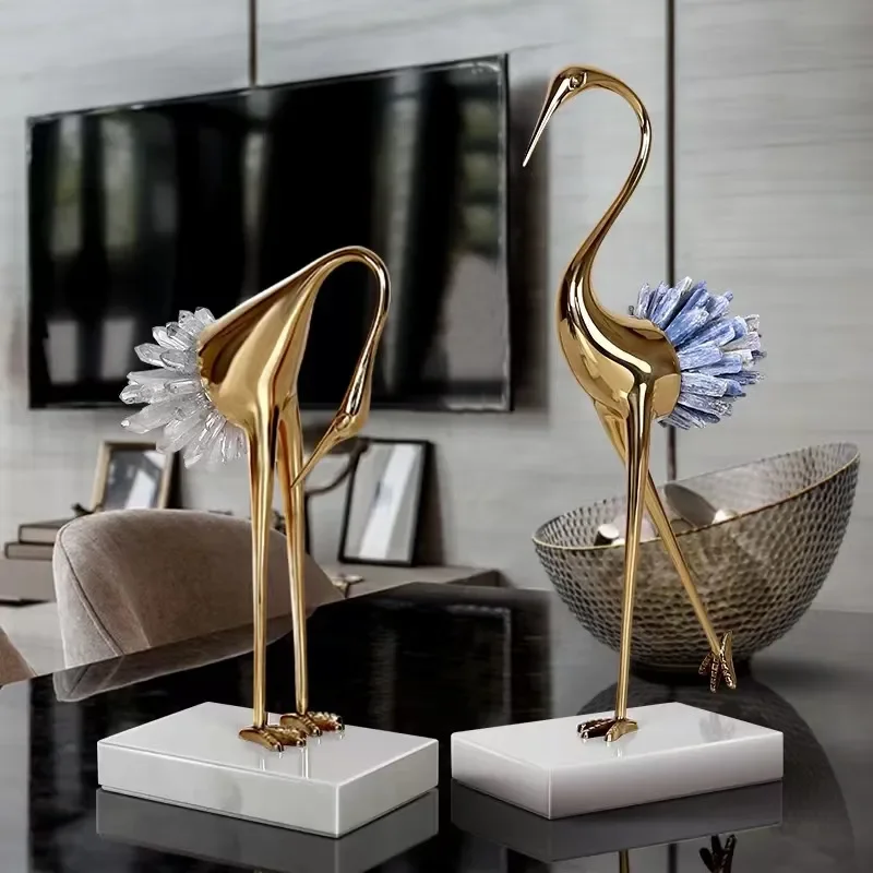 Luxury Brass Crystal Crane Statue Elegant Home Decor Living Room Entrance Wine Cabinet Ornament Modern Art Craft for Model