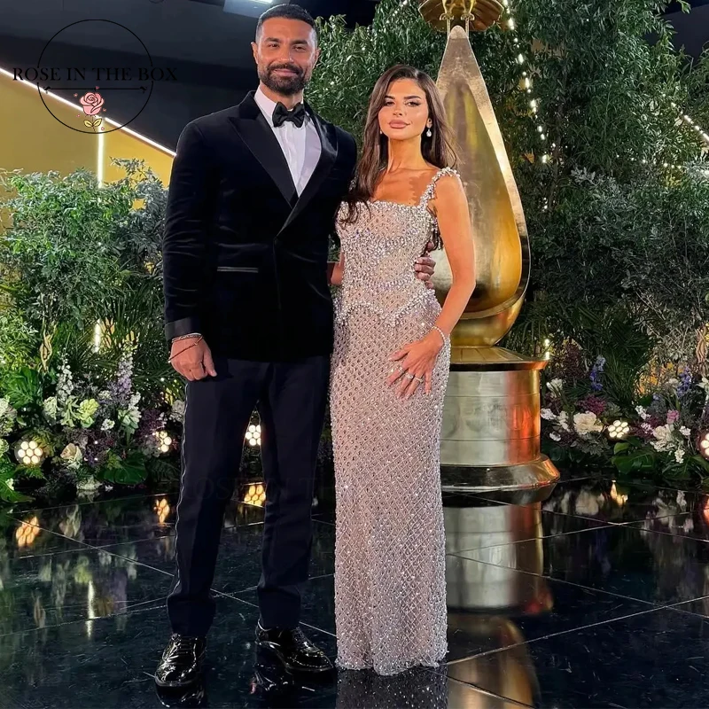 ROSEINTHEBOX-vestidos de noche de diseñador plateados de lujo, vestidos con cuentas de cristal brillantes para mujer, fiesta de boda personalizada, 2025