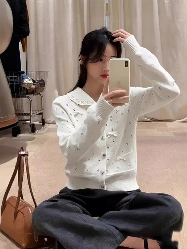 

Свободный женский вязаный кардиган с отложным воротником, ажурный, мягкий и уютный, в непринужденном стиле, осенне-зимняя мода, корейский стиль