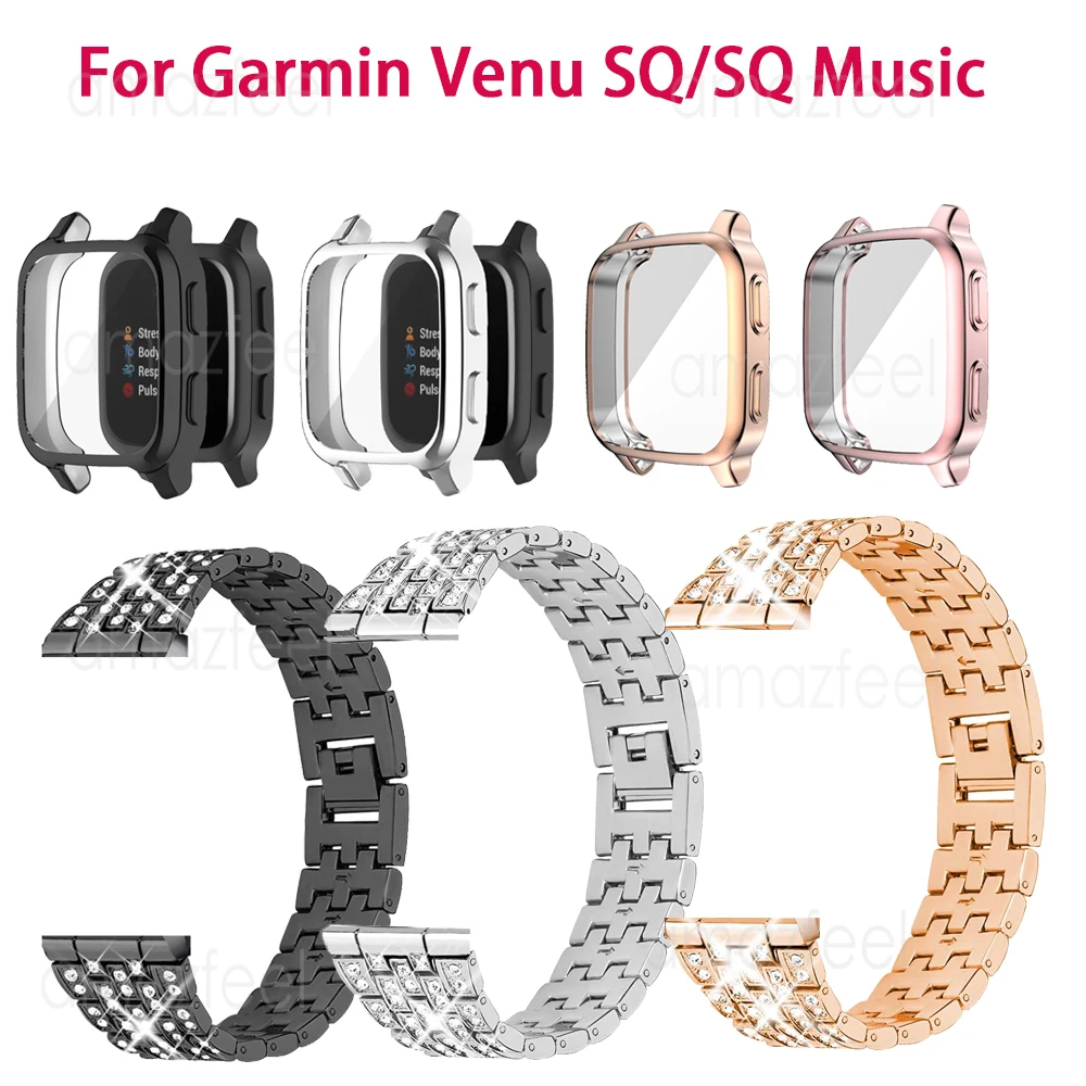 2in1 Diamond Strap+Screen Case For Garmin Venu SQ Music Venu SQ 2 Band Bracelet Metal Stainless Steel Watchband Watch Strap