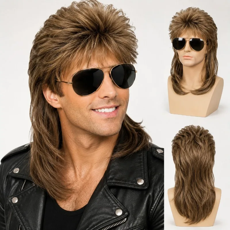 16inch Men's Brown Shaggy Retro Wig Classic Rocker Style Synthetic Costume Wig Lightweight Comfortable for Halloween Cosplay