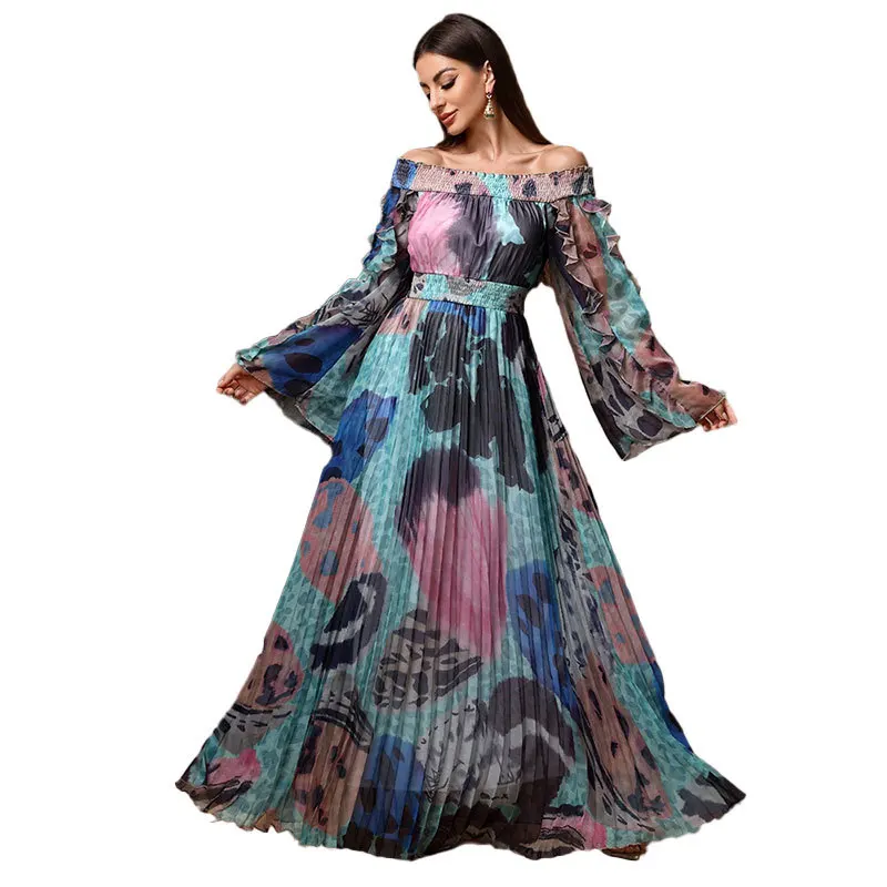 Cross-Border Ethnic Retro Pleated One-oulder Dr Long Skirt A-Line Gown High Waist Regular Sve Hand-Painted Design
