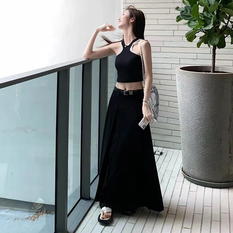 High Waist Black Pleated Skirt Autumn Korean Elegant Loose Preppy Suit Midi Skirt Y2K Ladies Solid All-Match A Line Skirts New