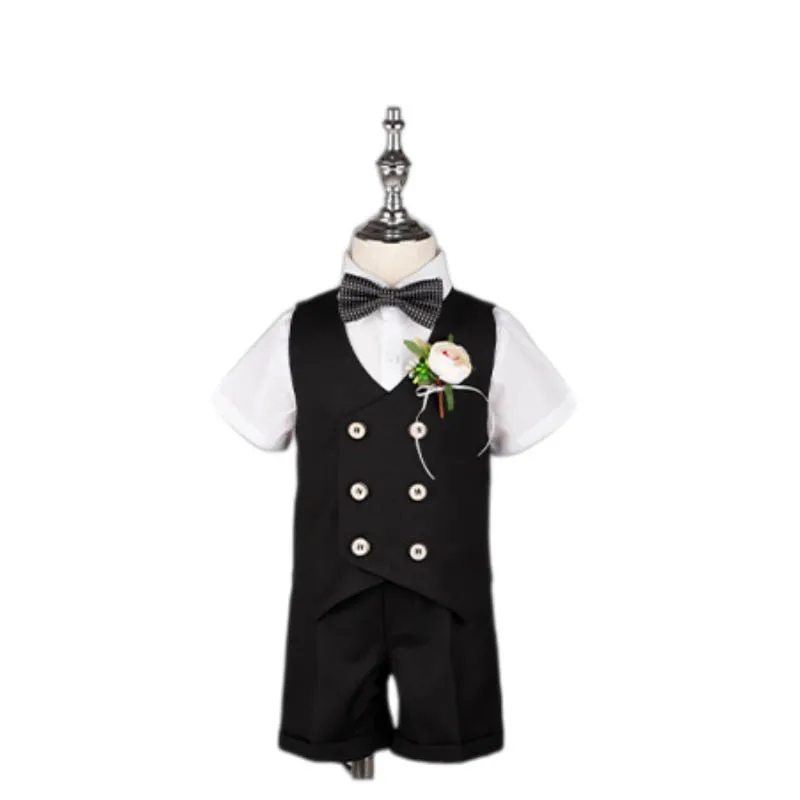 

Children Summer 5Pieces/Set Vest Shirt Shorts Bowtie Flower Photography Dress Kids Wedding Party Suit Boys Ceremony Costume