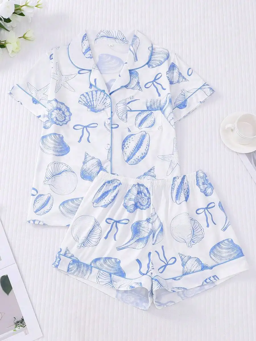 

Womens Ocean Shell Print Pajama Set Short Sleeve Shirt With Collar Button Elastic Waist Shorts