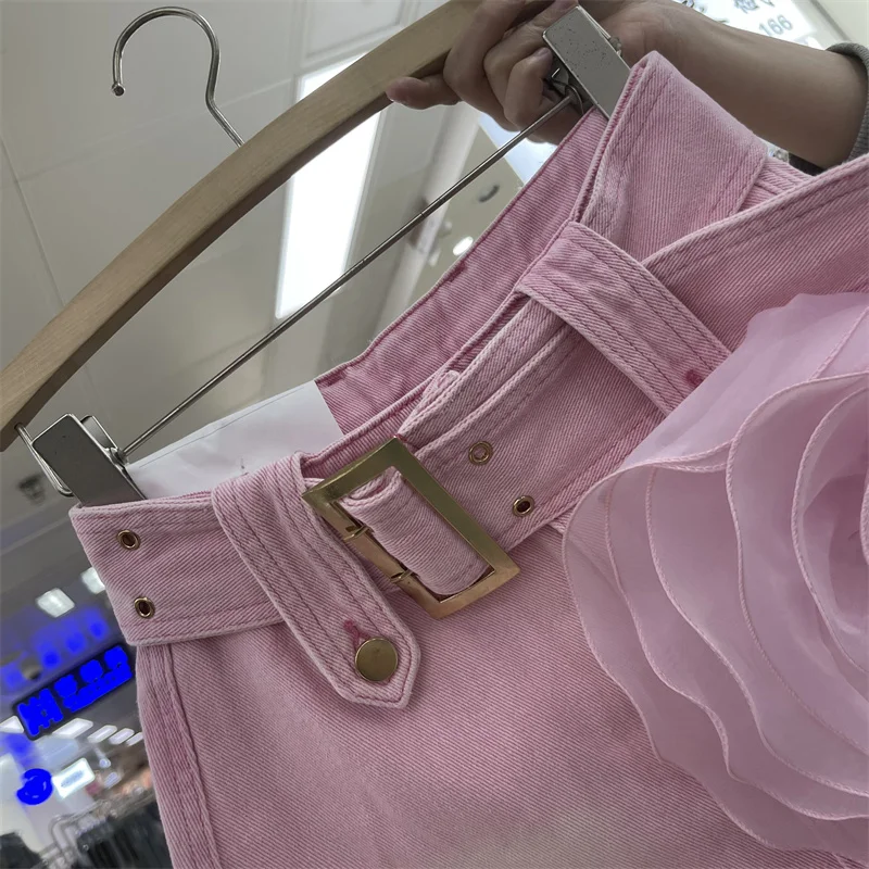 Women's Pink Denim Skirt 3D Flower 2024 Summer A-line High Waist Wrap Hip Mini Skirt with Belt Vintage Fashion Female Trendy