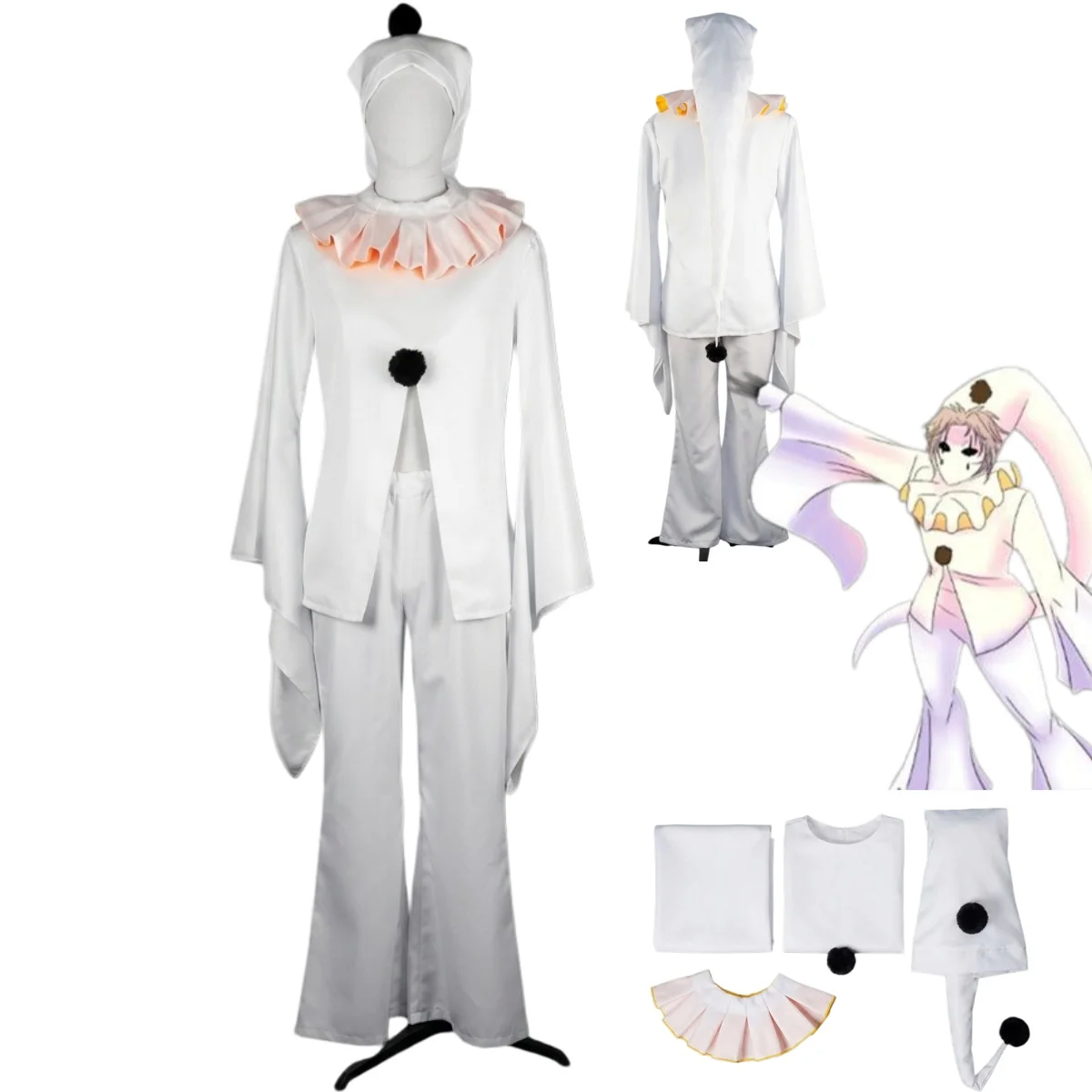

Horror Game White Pierrot Clown Cosplay Costume White Tops Uniform Hat Collar Adult Man Woman Halloween Carnival Suit