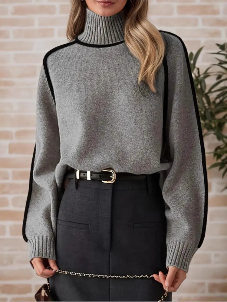 Einfarbig Rollkragenpullover frau Herbst Winter Lässige Mode Spleißen Lose Gestrickte Pullover Damen Warme Büro Pullover