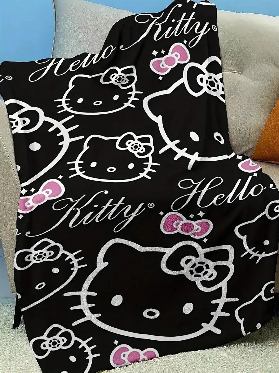 PC Hello Kitty Black Blanket Cozy  Cute Sanrio Lunch Break Blanket for Living Room Bedroom Camping Travel MultiPurpose Use