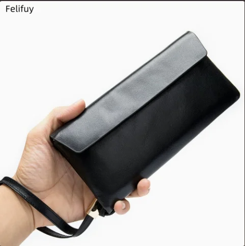 Black Luxury Slim Purse Men's Wallet, Soft Top Grain Cowhide Bifold with Flip Cover, Slim Middle-Length Billfold & Hand Carry