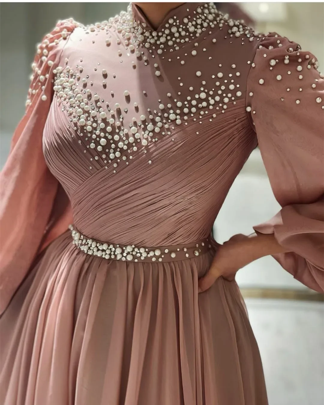 

Vintgae Muslim Prom Dress High Neck Long Sleeves Pearls Chiffon Evening Birthday Formal Party Gowns Pageant Vestidos De Feast