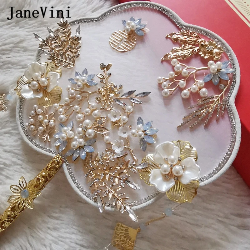 JaneVini Luxury Blue Crystal Chinese Bridal Bouquets Fan Cover Face Artificial Flowers Pearls Metal Wedding Jewelry Accessories