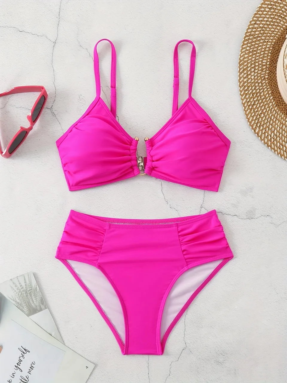 2026 Strappy حلقة مرتبطة بيكيني هدب مثلث ملابس النساء الصلبة ملابس السباحة الإناث الاستحمام لباس سباحة مبطن بحر #5