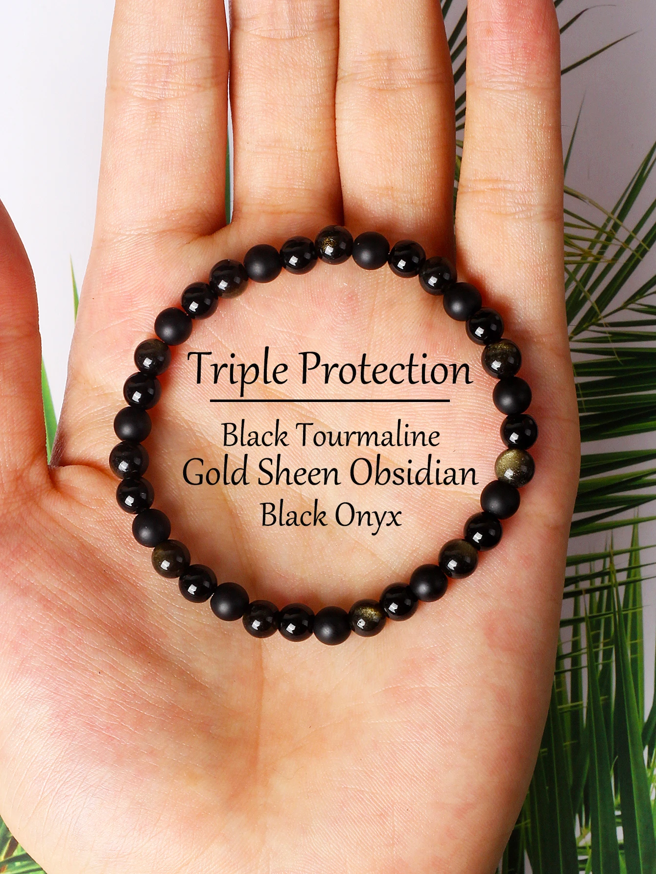 

Golden Obsidian Bracelet Triple Protection Beaded Bracelet Onxy Natural Stone for Women Healing Crystal Good Luck Charm Jewelry