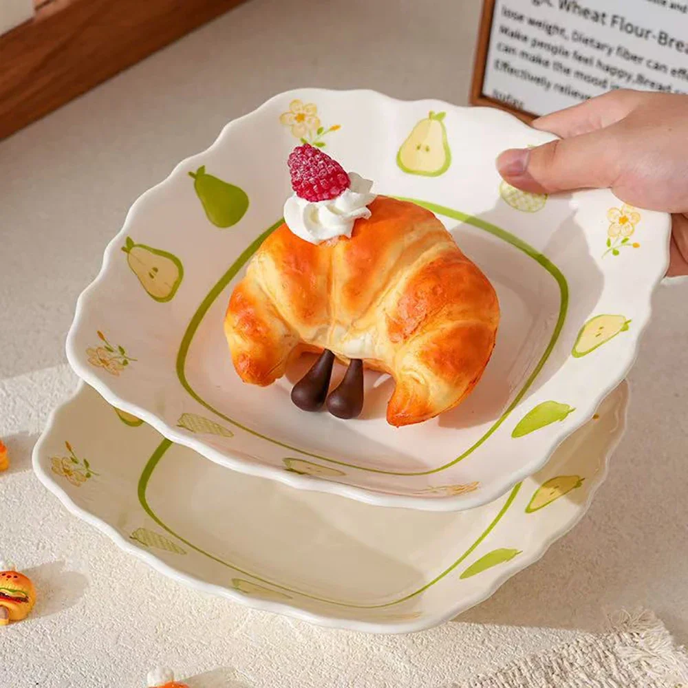 Square Floral Edge Under Glazed Ceramic Plate Creative Afternoon Tea Snacks Fruit Dessert Plates Homehold Kitchen Supplies