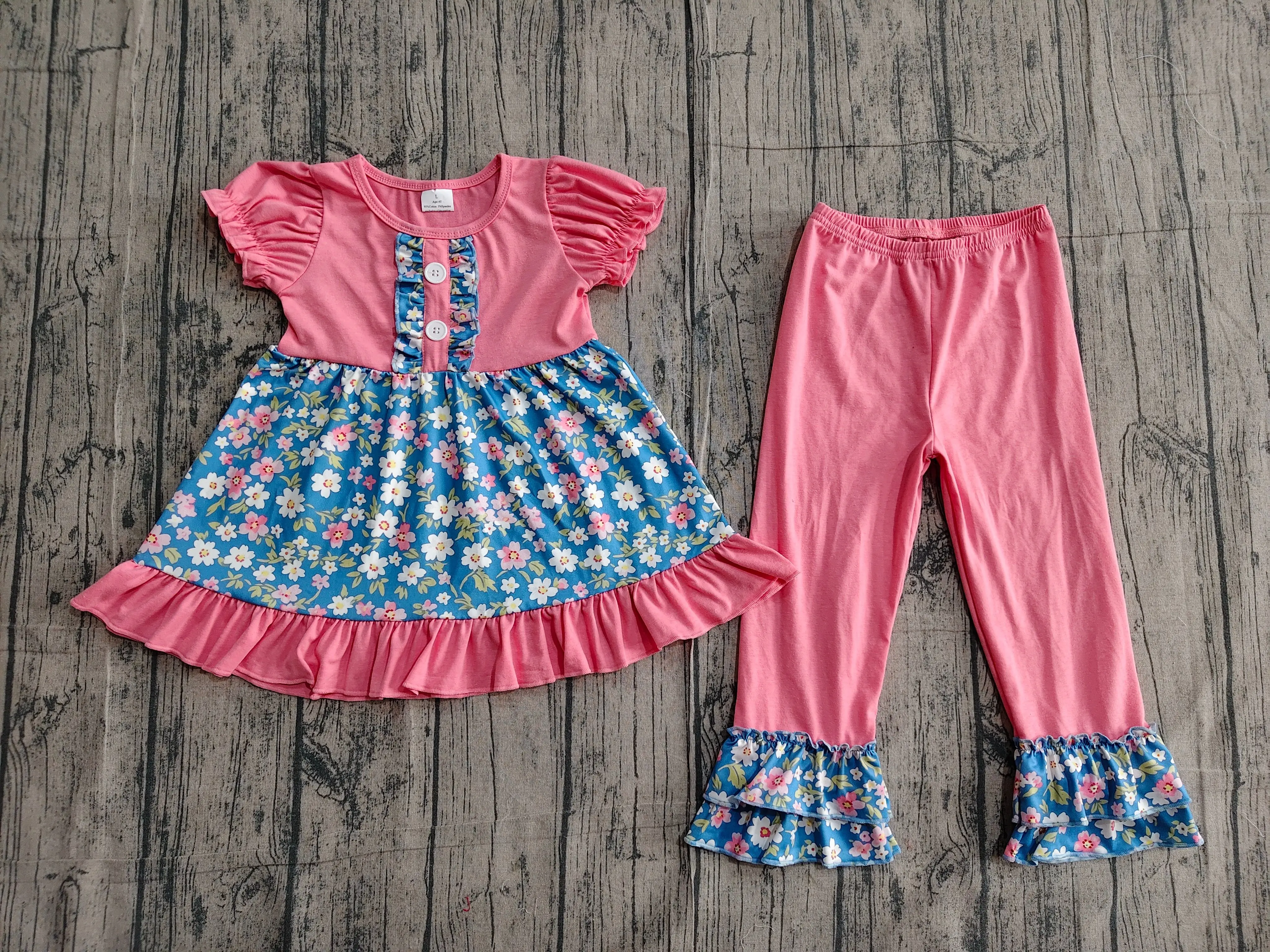 Wholesale Baby Girl Short Sleeves Flower Tunic Kids Floral Ruffle Pants Children Toddler Outfit Girls Spring Fall Clothing