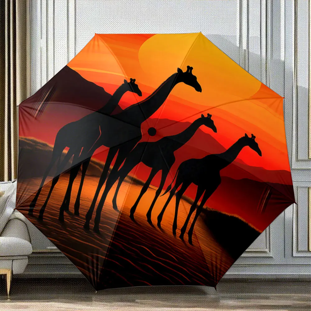 Silhouette Giraffes at Sunset African Wildlife Scene portable waterproof sun rain umbrella for outdoor travel beach
