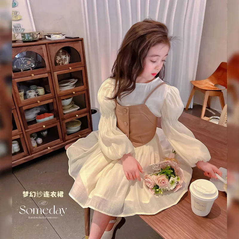 

Girls' Dress Autumn New Style2025 Western StylePULeather Vest+Long Sleeve Chiffon Dress Princess Dress Set In Stock