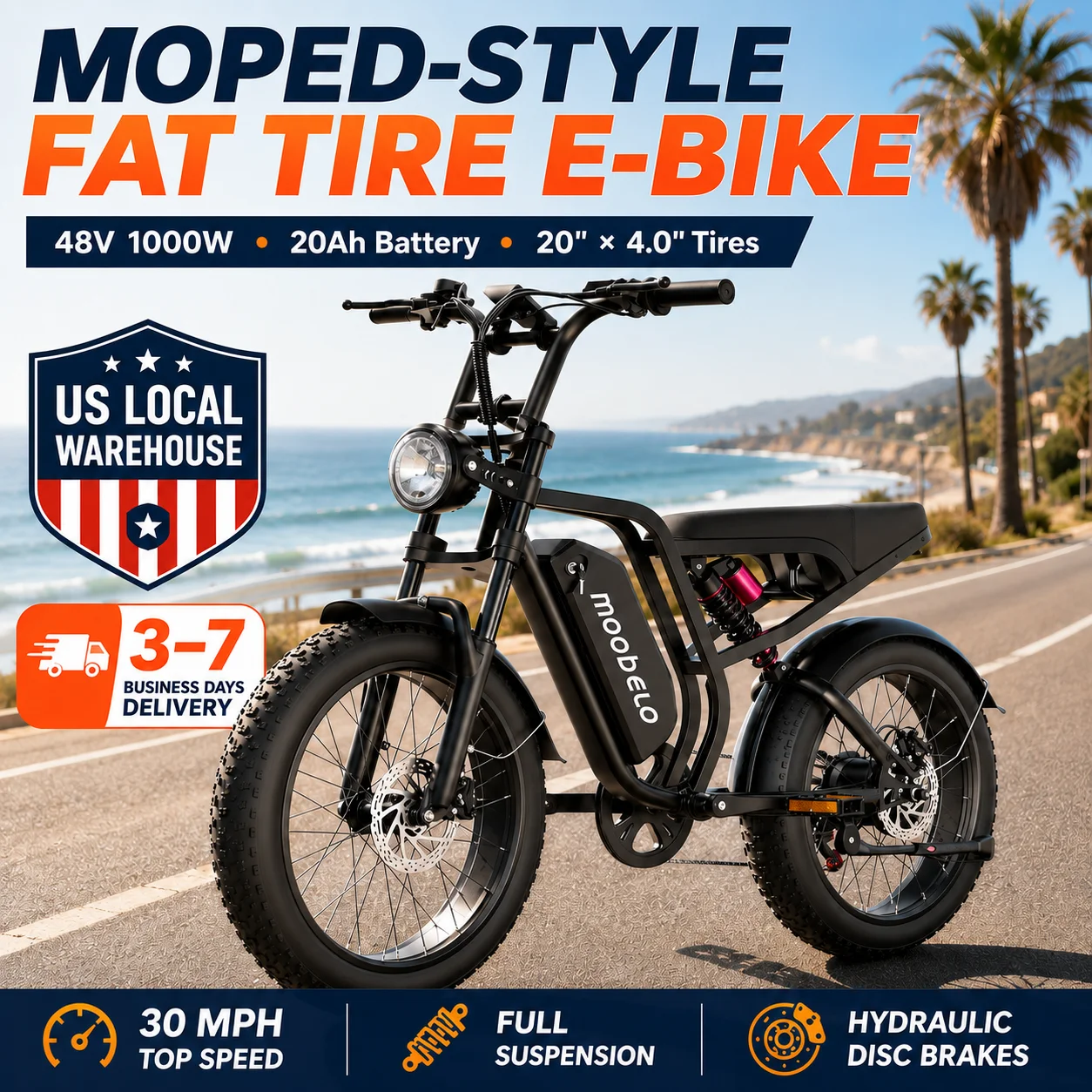 1000W electric dirt bike, 48V detachable battery, suitable for all-terrain riding, 20-inch punctureproof tires bike electric