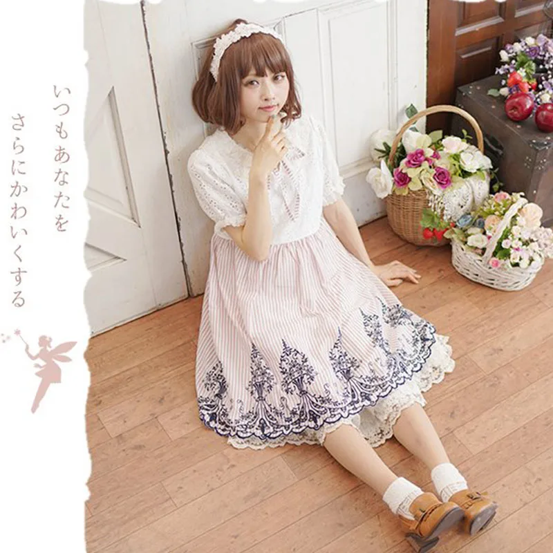 달콤한 요정 모리 소녀 드레스 여성 의류 스트라이프 피터팬 칼라 레이스 자수 반팔 여성 카와이 공주 A312