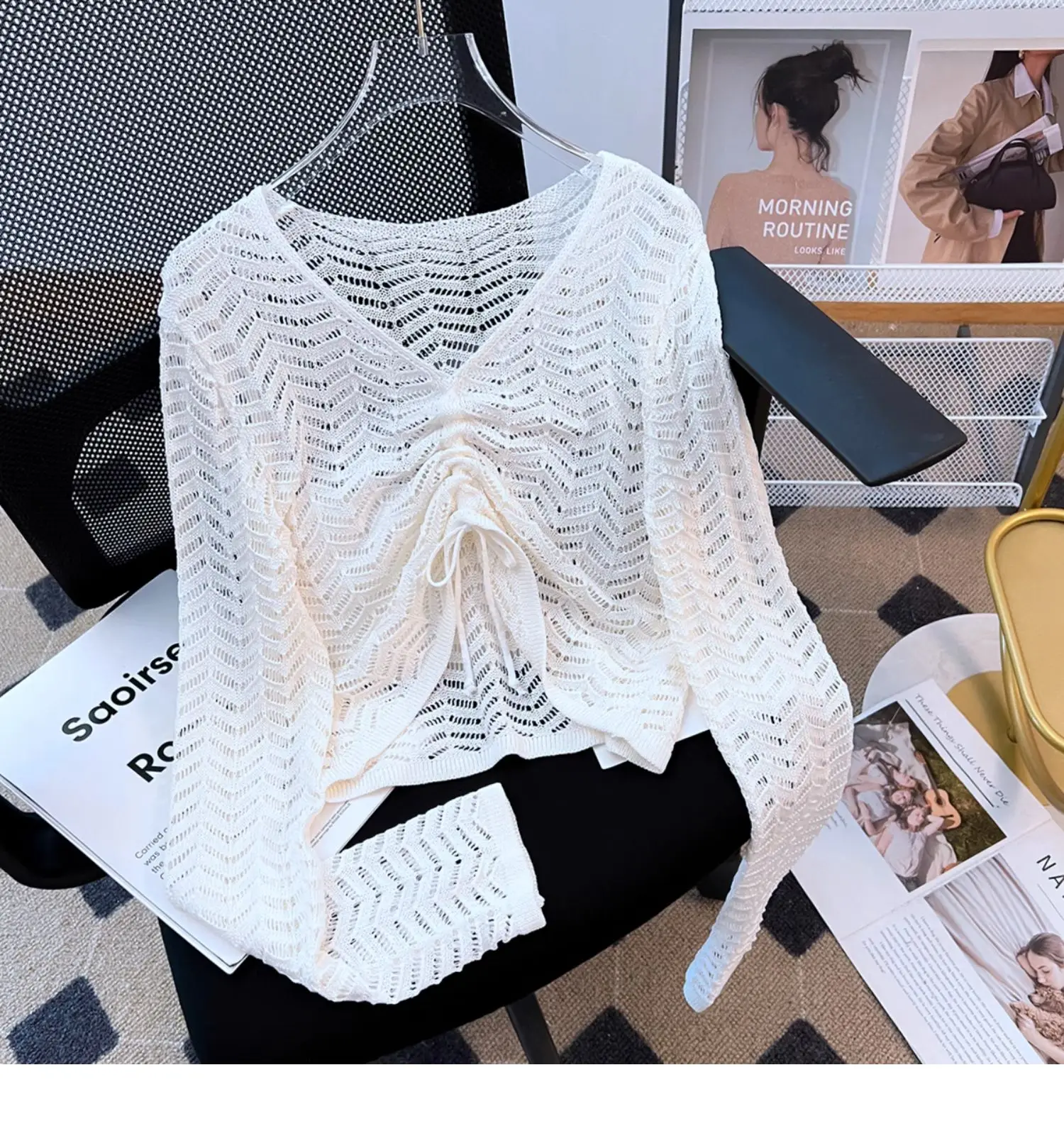 Drawstring Cropped Pointelle Sweater Long Sleeve V-neck Sheer Open-knit Pullovers Women Spring Summer Outfit