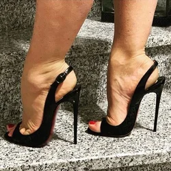 Black Patent Leather Back Strap Open Toe Thin High Heel Pumps Slingback Fashion Women High Heel Runway Dress Women Shoes