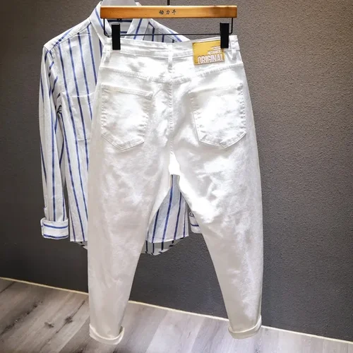 Imagen 2 del producto Nuevos pantalones vaqueros rasgados con agujeros para hombre, pantalones harén blancos a la moda para hombre, pantalones vaqueros cómodos elásticos que combinan con todo, ropa de calle