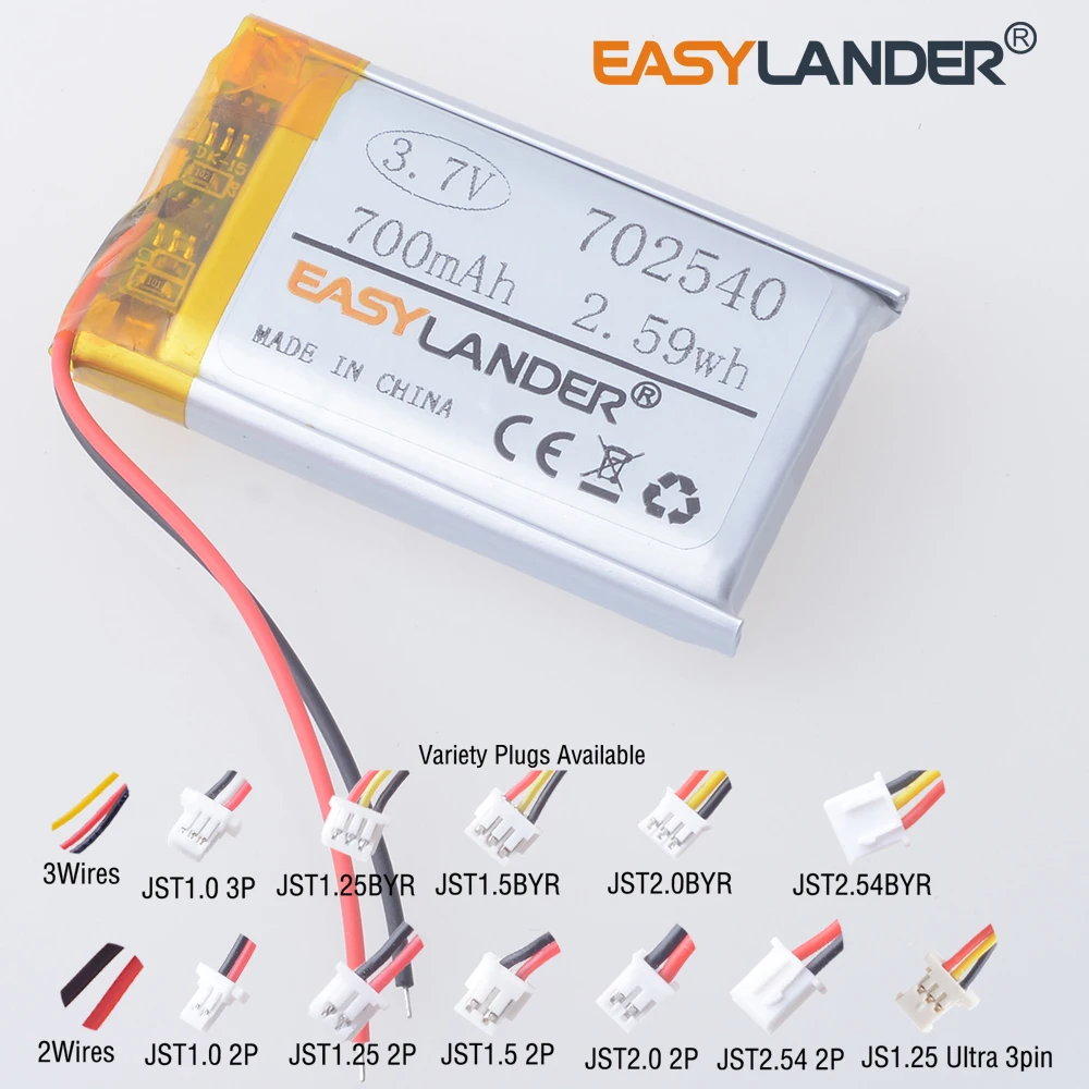 Variety Plugs 702540 3.7V 700mAh Rechargeable Lithium Lipo Li-ion Polymer Battery