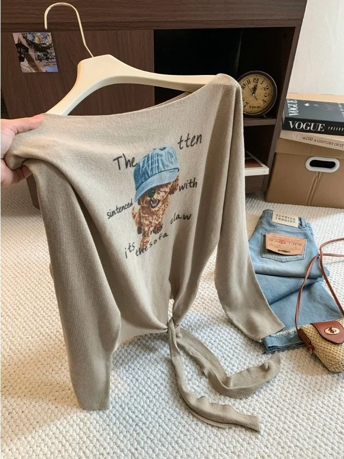 Ladies' Knitted One-Shoulder Long Sleeve Top Korean Style Commute Wind Irregular Tie-Dye Early Autumn Fashionable Lazy Dog Print