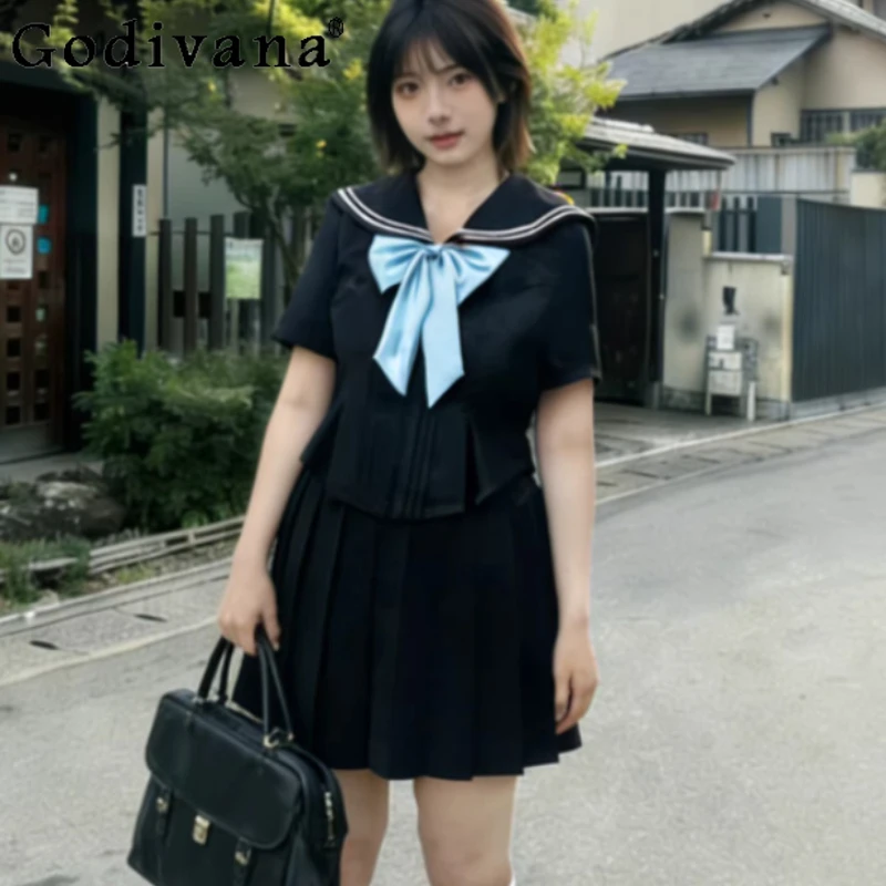 

Spring Summer Fashion Playful College Short Sleeve Cyan Shirt Versatile Age-reducing Girls High Waist A-line Pleated Skirt Sets