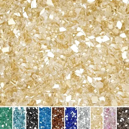 

Стеклянные бриллианты Skyflame 10 фунтов, золотистые, светоотражающие – высокоглянцевые, 1/4 дюйма, для костровых чаш и каминов – декор для ландшафтного дизайна