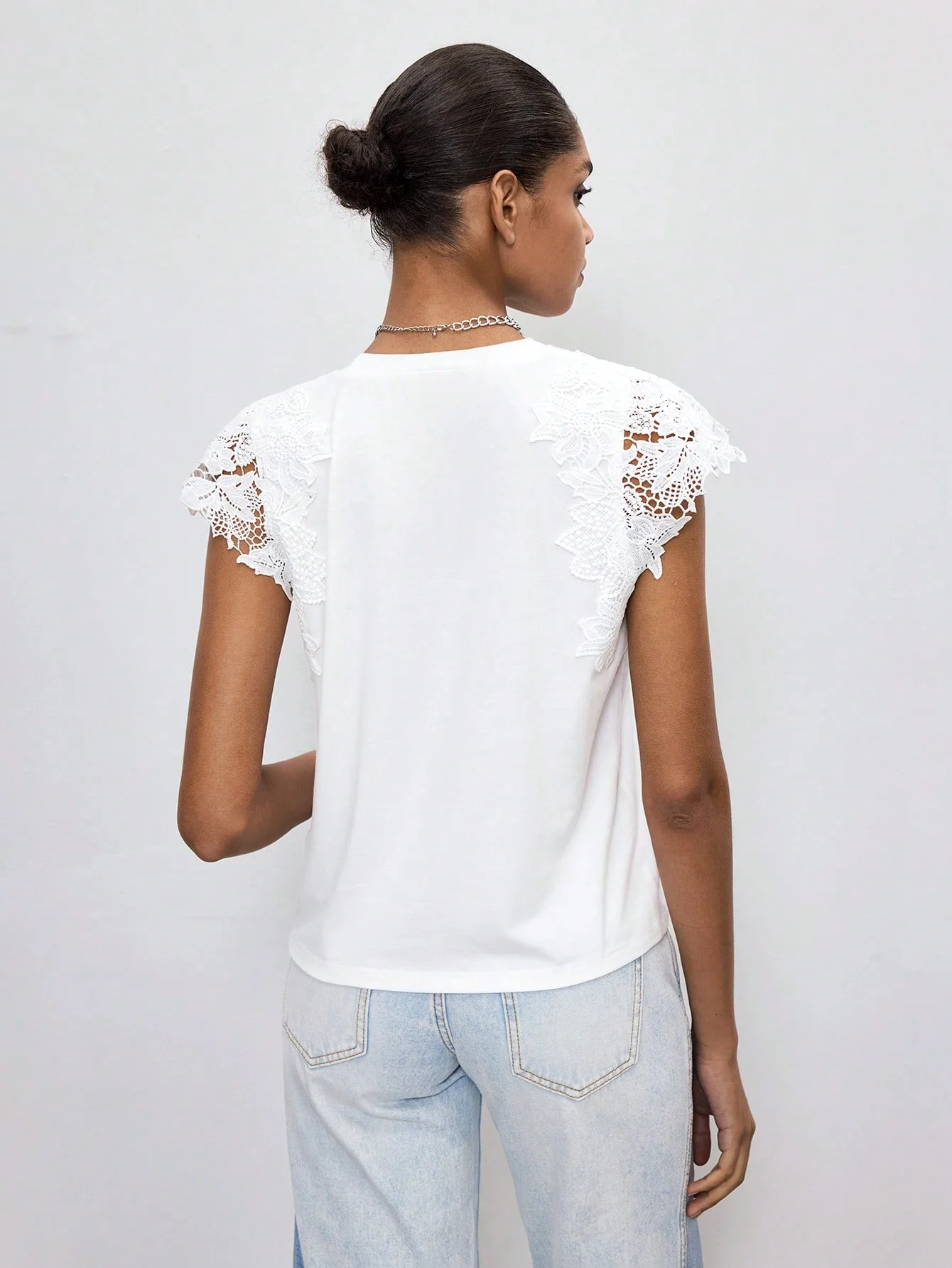 Women's water soluble lace stitching T shirt holiday shopping daily commuting simple lace short-sleeved T shirt hollow lace