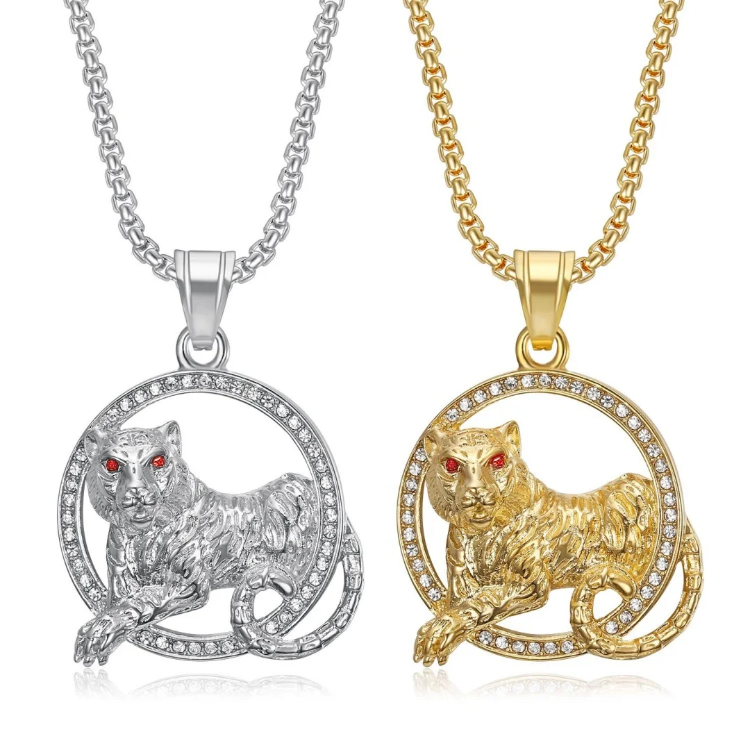 

Hiphop Iced Out CZ Red Eye Tiger Head Pendant Gold Silver Color Stainless Steel Crystal Round Necklace for Woman Man Jewelry