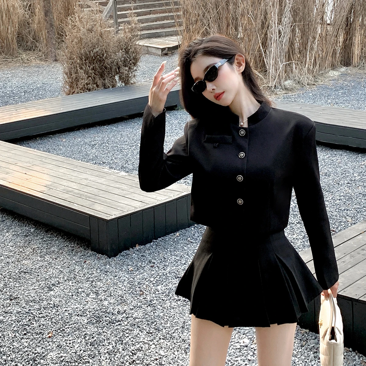 UNXX Real Shot in Stock 2024 Autumn High-end Short Stand Collar Blazer + Pleated Skirt Set Women Female Office Lady Clothing