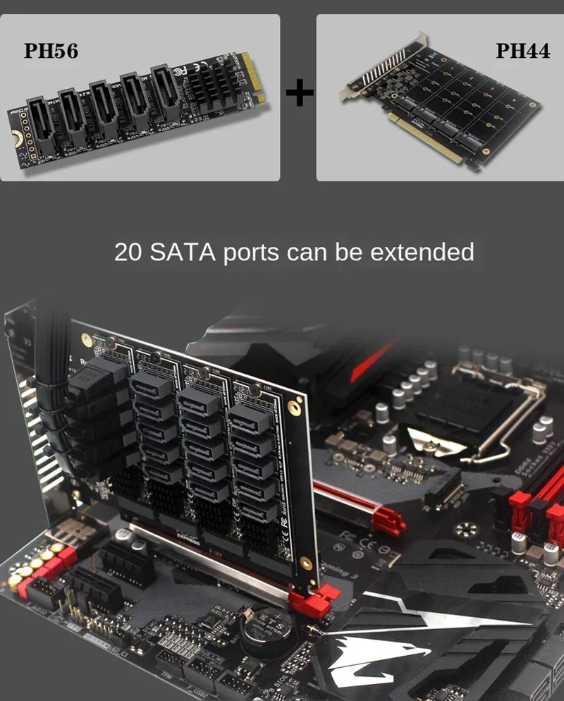 JMB585 PCI-E X16 Signal Split Array Card M.2 NVME 4 x Disks RAID Card Expansion PCIe 16x To SATA 20 Ports Extension Adapter Card