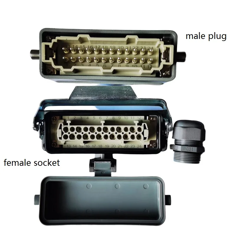 24-Core Heavy-Duty Connector, Single Buckle with Protective Cover, Aviation Waterproof Industrial Plug and Pin, 500V 16A