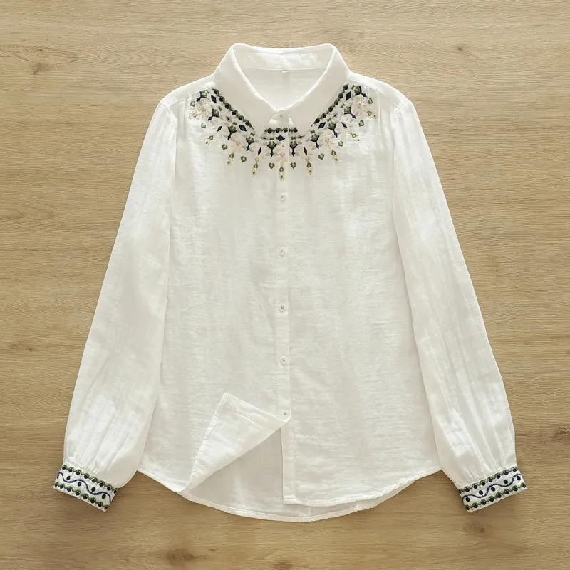 

Women's Casual Lapel Linen Shirt Floral Embroidery Long Sleeve Button Down Blouse