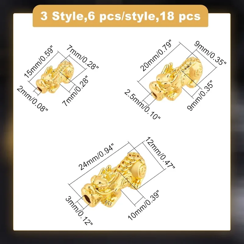 18Pcs 3 Style 24k Gold Plated Pixiu Spacer Bead 3D Metal Chinese Fengshui Lucky Bead for Necklaces Bracelets Key Chains