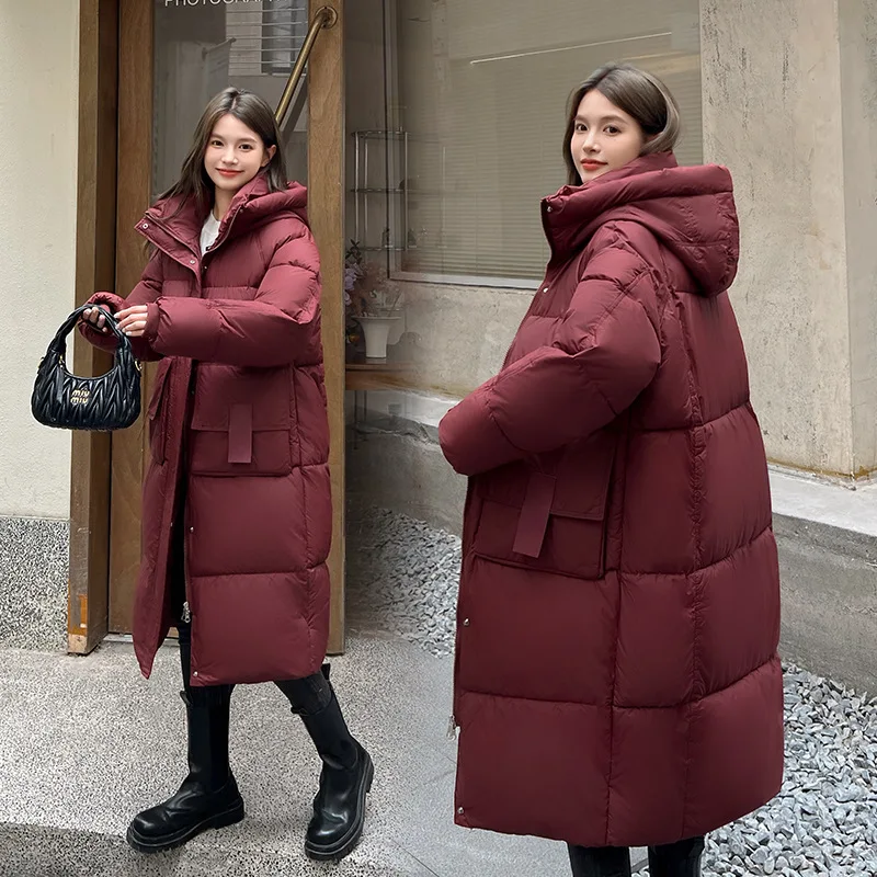 

Зимняя утепленная длинная хлопковая куртка с капюшоном для женщин, в корейском стиле, студенческое пальто с большими карманами, милый дизайн, из полиэфирного волокна