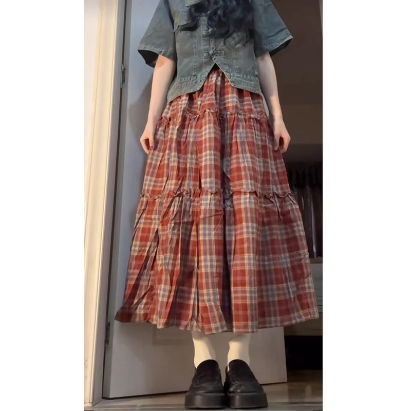 Women Clothing 2024 Summer Trendy Vintage Plaid Print Ruffled Harajuku Skirts Y2K Female Casual High Waist Loose Chic Midi Skirt