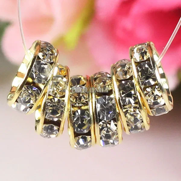 50pcs/lot 4 6 8 10mm Gold-color Crystal Rhinestone Rondelle Loose Spacer Beads for DIY Jewelry Making Findings Accessories