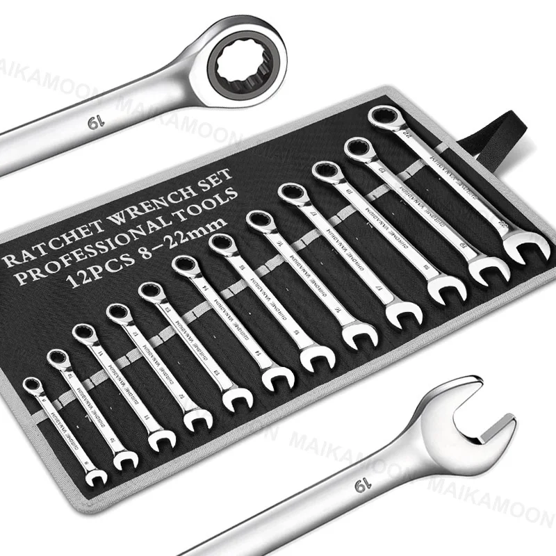 Metric Ratcheting Wrench Set 12-Point Box End Ratchet Combination Wrenches Set,72 Tooth Professional Grade Spanner Wrench Tools