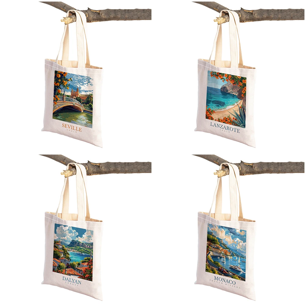 Travel to City Landscape Seaside Scenery Shopper Bags Tote Lady Handbag Both Sides Palm Flower Casual Canvas Women Shopping Bag