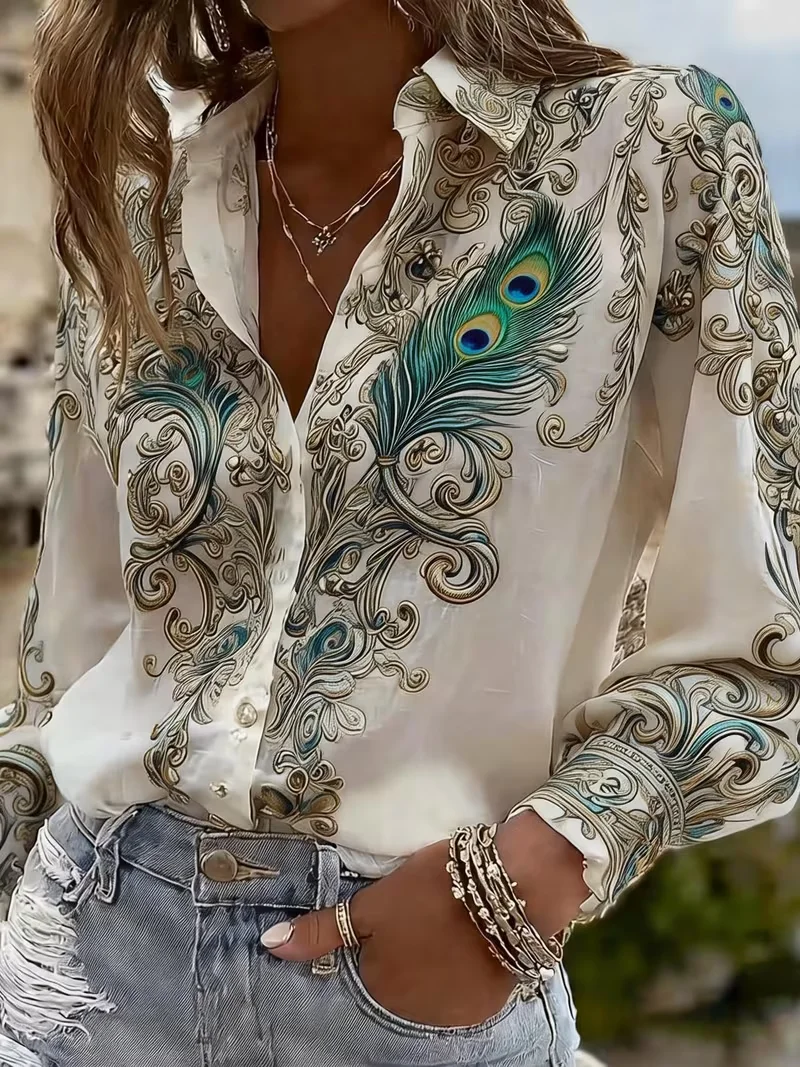 Women's sexy outfit with unique peacock print, versatile, casual, loose and classic style