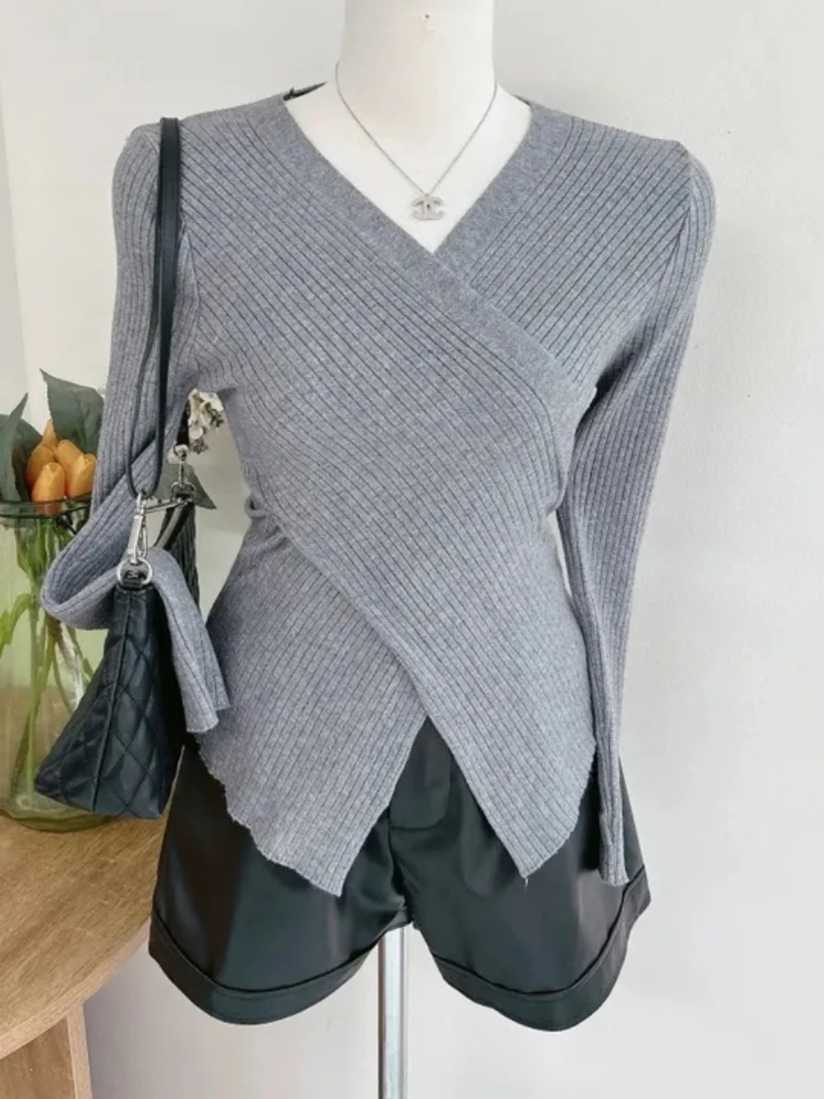 Slim Fit Long Sve V-Ne Strickpullover Damen Herbst Winter Faion Sexy Cross Design Base IRT Korean Sle Top