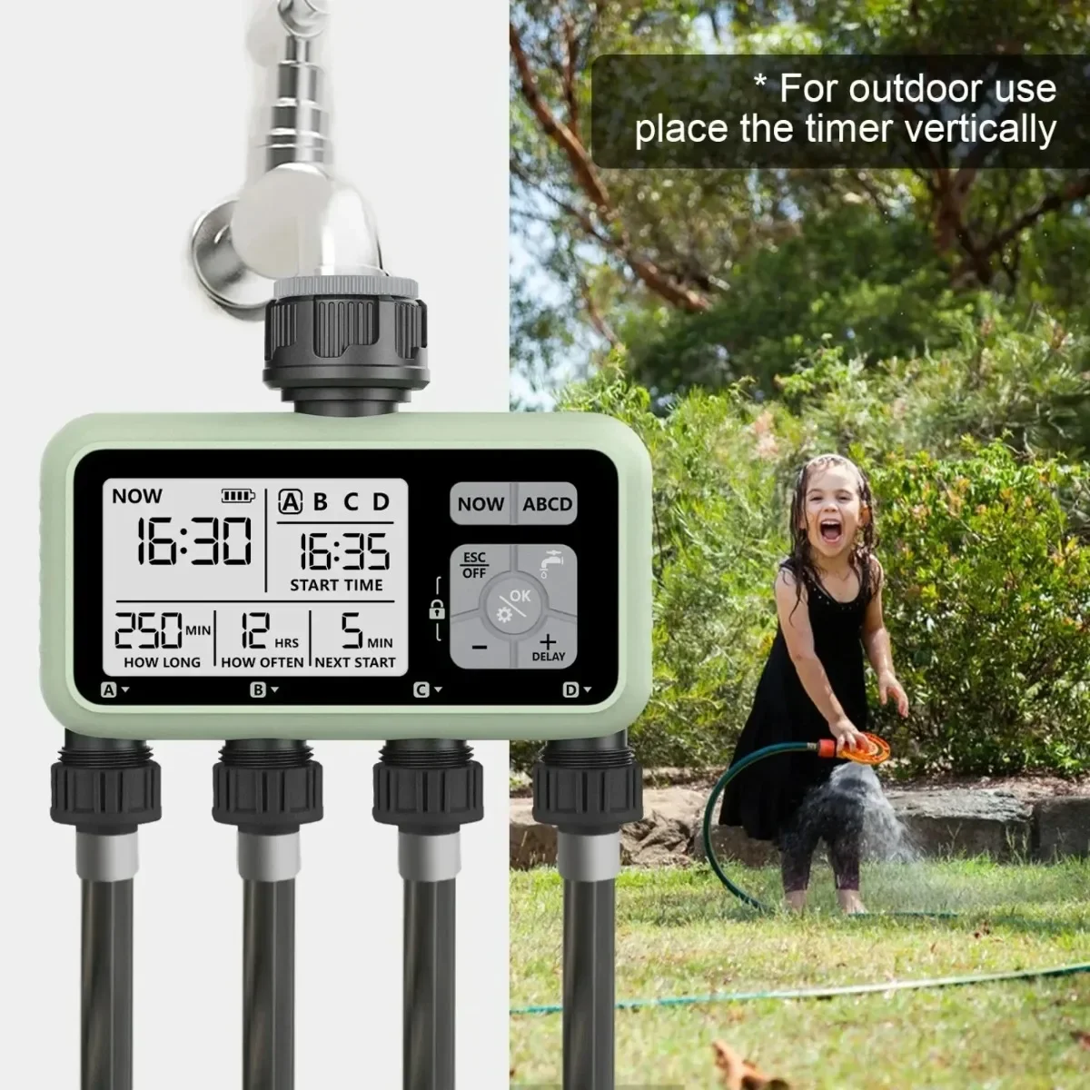 Minuteur d'irrigation goutte à goutte programmable 4 zones, contrôleur de vanne d'eau de jardin à 4 sorties indépendantes