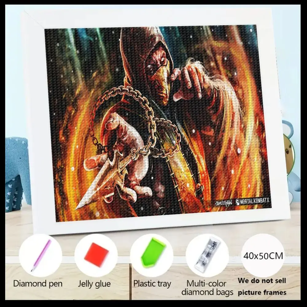 

Набор для алмазной живописи 5D, подробное произведение искусства с фигуркой с капюшоном, цепочкой и кинжалом, огненным звездным фоном 40x50 см, включает в себя